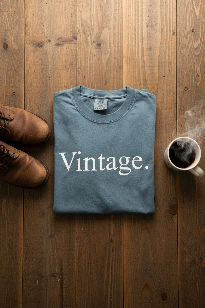 Nannette's Online Designs blue garment-dyed heavyweight cotton crewneck t-shirt with white Vintage graphic print