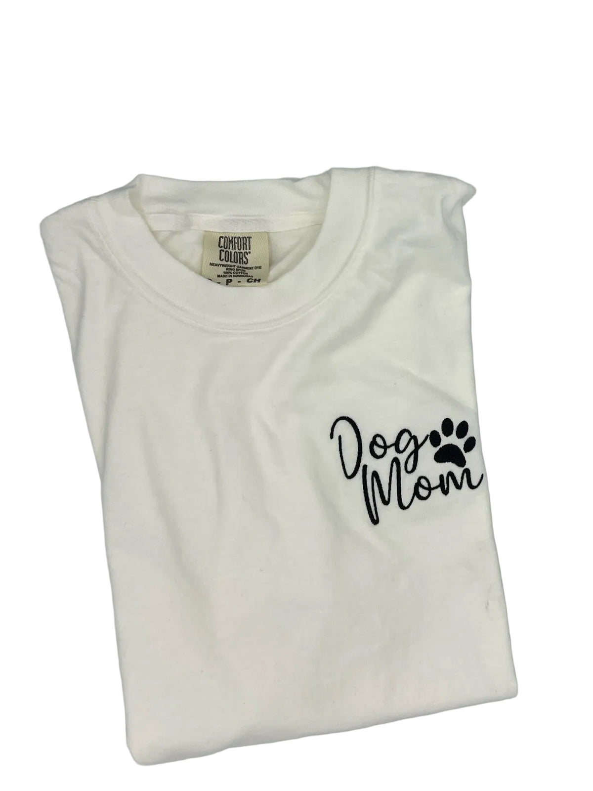 Nannette's Online Designs white cotton t-shirt with black Dog Mom embroidery and a paw print on the chest