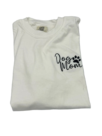 Nannette's Online Designs white cotton t-shirt with black embroidered Dog Mom text and paw print on the chest