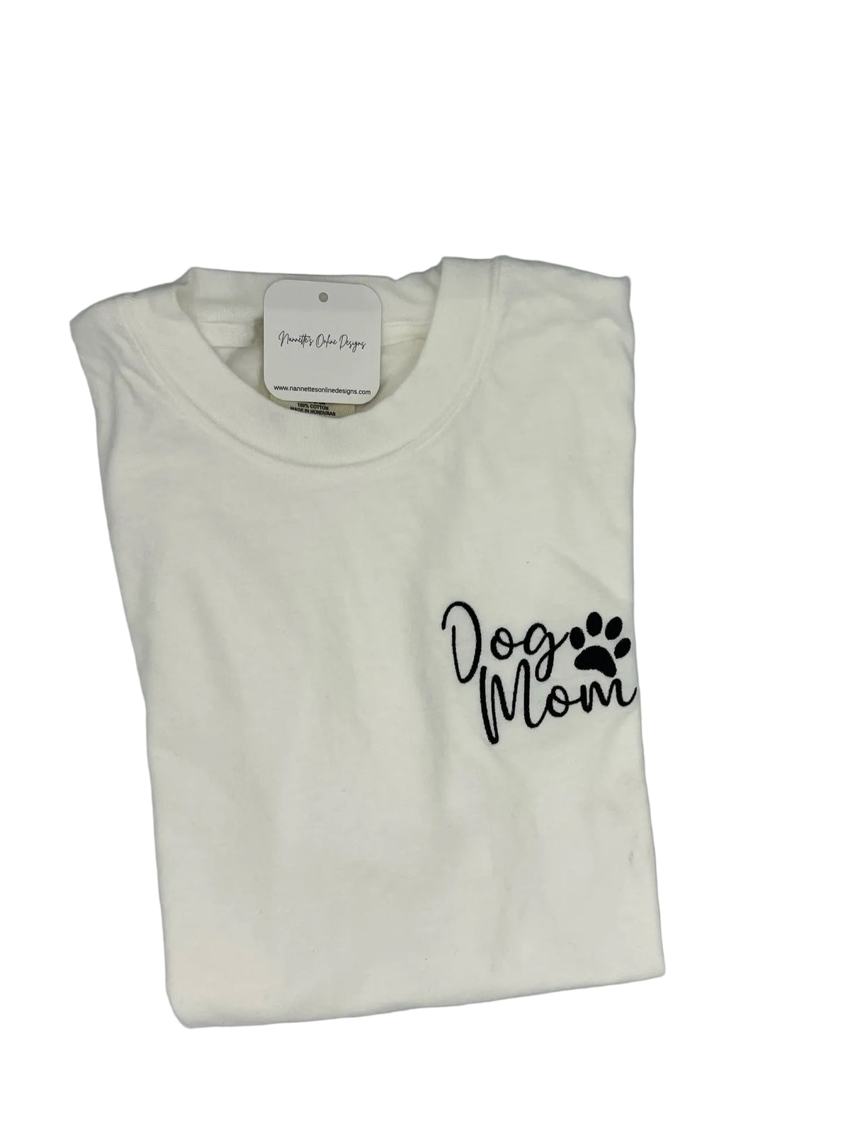 Nannette's Online Designs white cotton t-shirt with black embroidered Dog Mom text and paw print on the chest