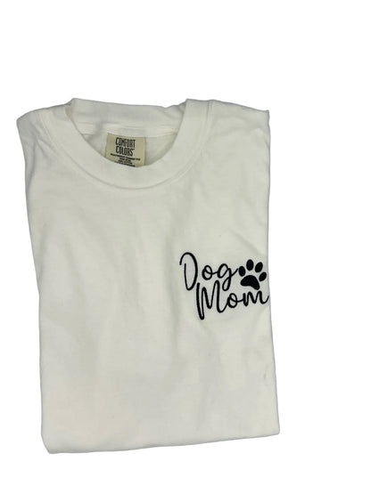 Nannette's Online Designs white garment-dyed cotton t-shirt with black embroidered Dog Mom text and paw print design