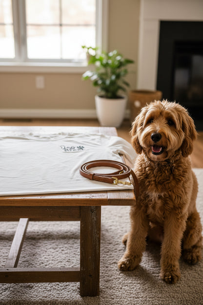 Nannette's Online Designs white cotton t-shirt featuring black embroidered Dog Mom text and a paw print on the chest.