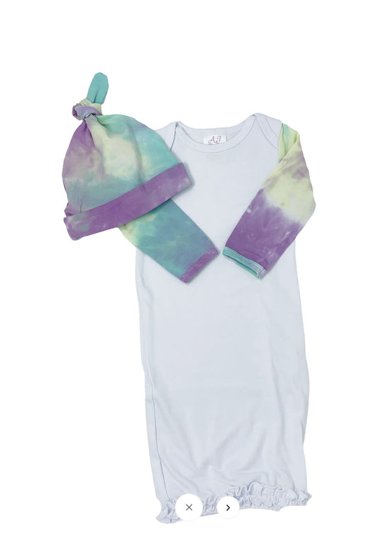 Personalized Tie Dye Baby Gown layette set -